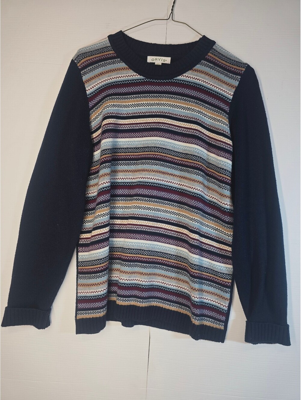 Orvis Womens Medium Fair Isle Striped Knit Sweater Wool Cotton Elbow Patches